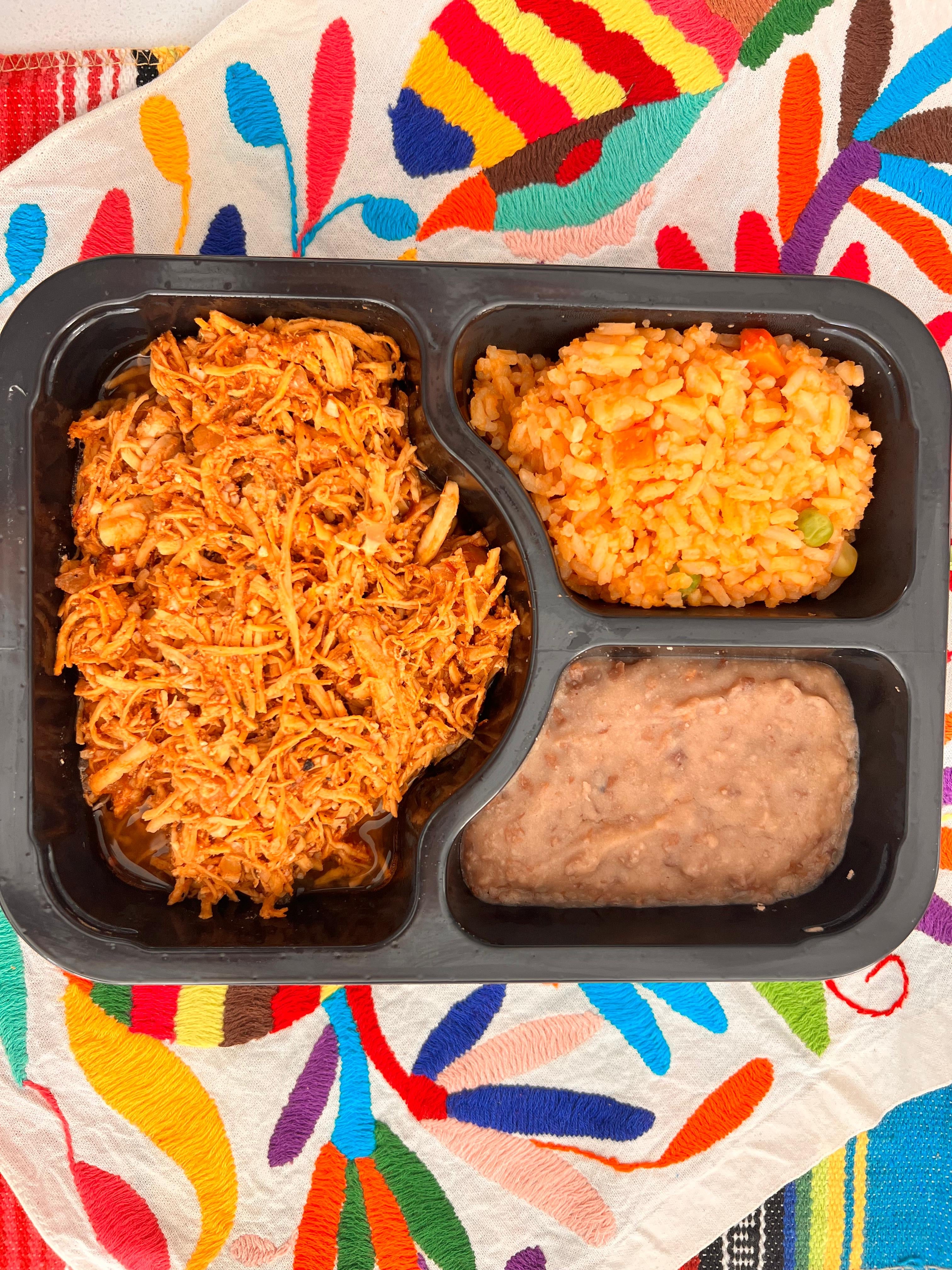 Chicken Tinga Plate - Chicken tinga, red rice, and refried beans.